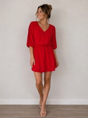 Haute Hanger Red Dress Small Crochet Sleeve Split Neck Elastic Waist Dress